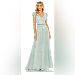 SEQUINED WRAP OVER RUFFLED CAP SLEEVE GOWN Size 14 New with Tags